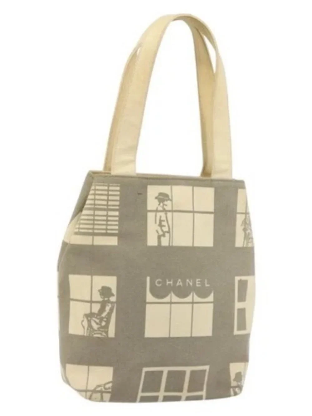 CHANEL Window line Tote Bag Canvas Beige Gold CC Auth 183024